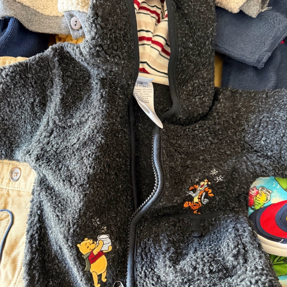 Kids Black Fleece Hooded Jacket with Winnie the Pooh Embroidery